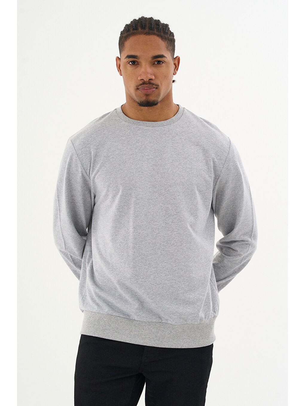 Erkek Gri Bisiklet Yaka Ribanalı Regular Fit Sweatshirt spr26swk930-2