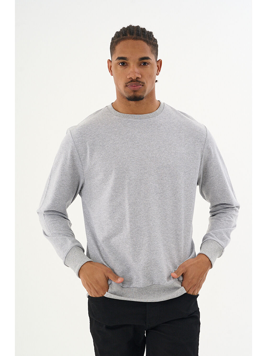 Erkek Gri Bisiklet Yaka Ribanalı Regular Fit Sweatshirt spr26swk930-3