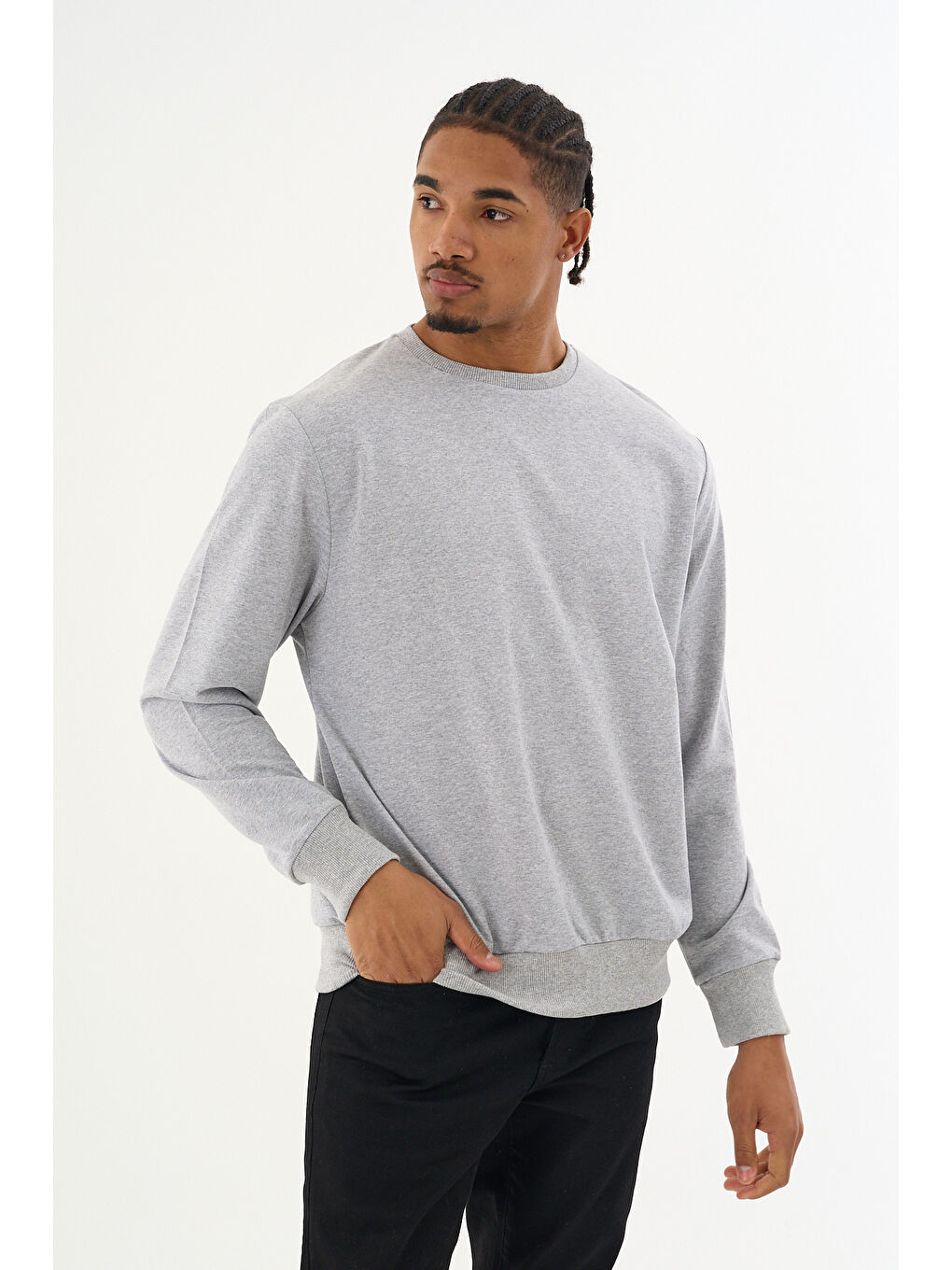 Erkek Gri Bisiklet Yaka Ribanalı Regular Fit Sweatshirt spr26swk930-4