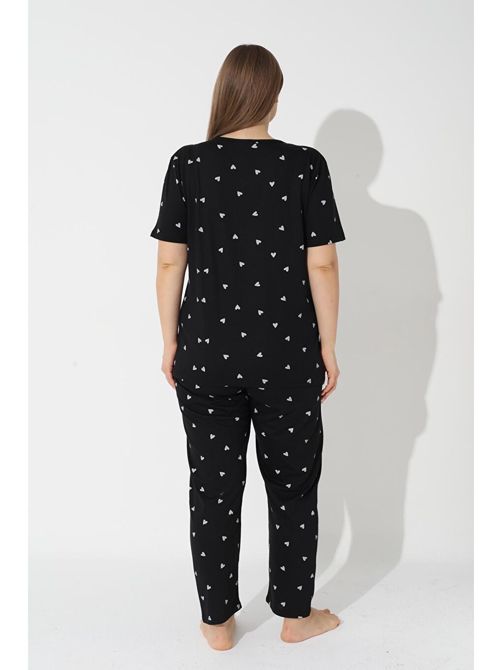 Siyah Kalp Desenli Curve Büyük Beden Kısa Kollu Pamuklu Pijama Takımı-2