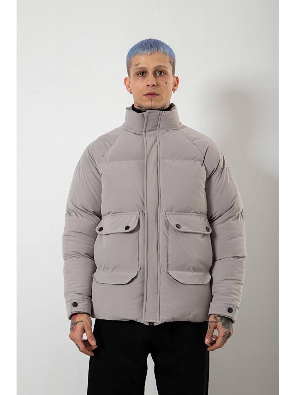 Gri Çift Cepli Oversize Şişme Mont 3KXE4-46520-03