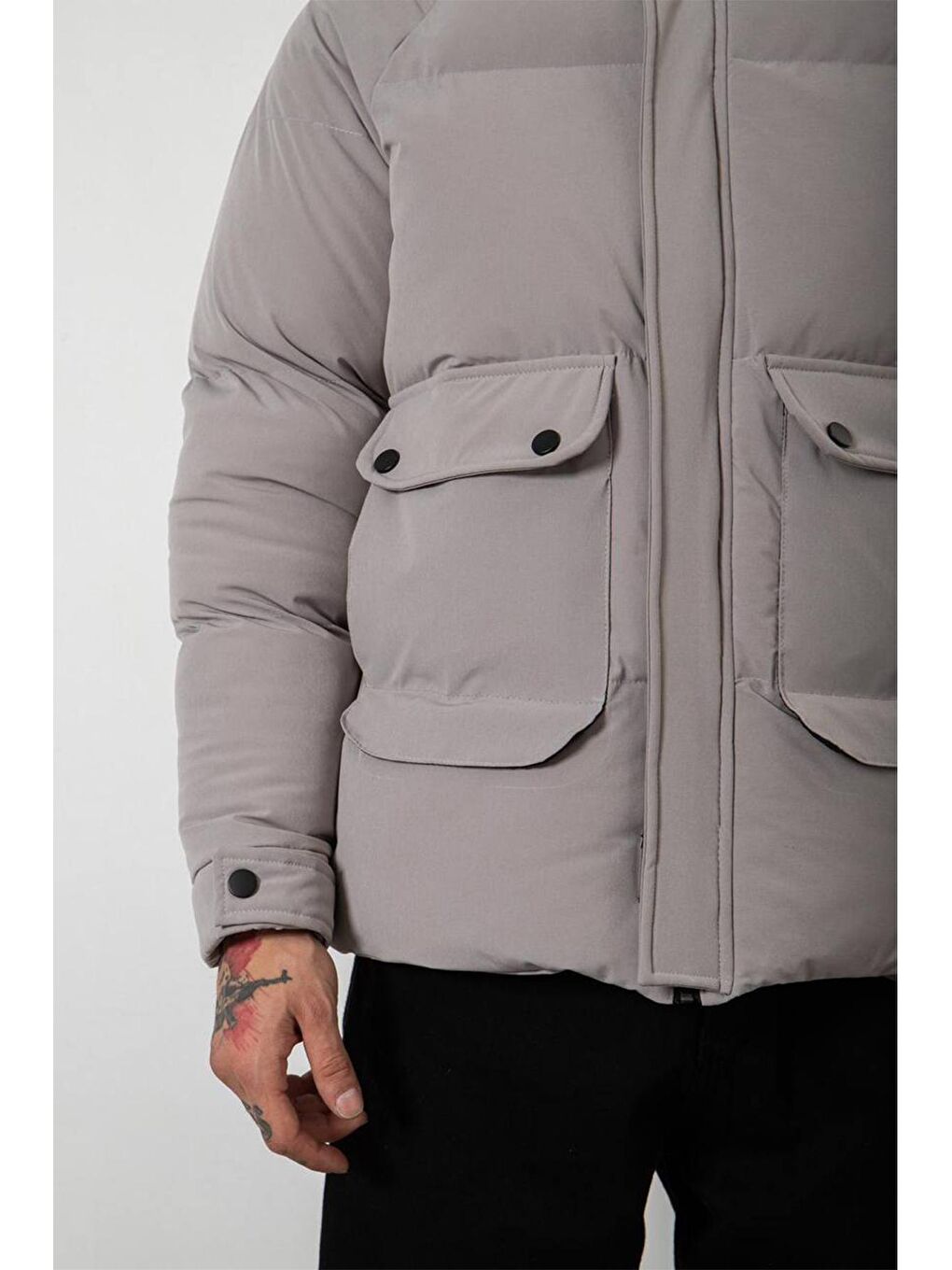 Gri Çift Cepli Oversize Şişme Mont 3KXE4-46520-03-1