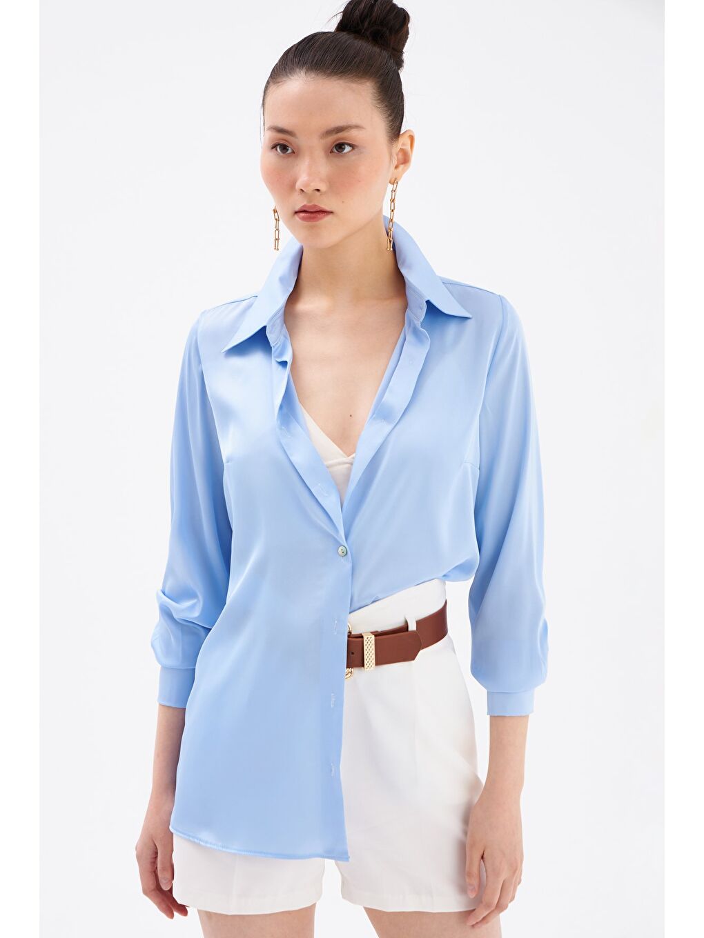 Saten Gömlek - Mavi-4