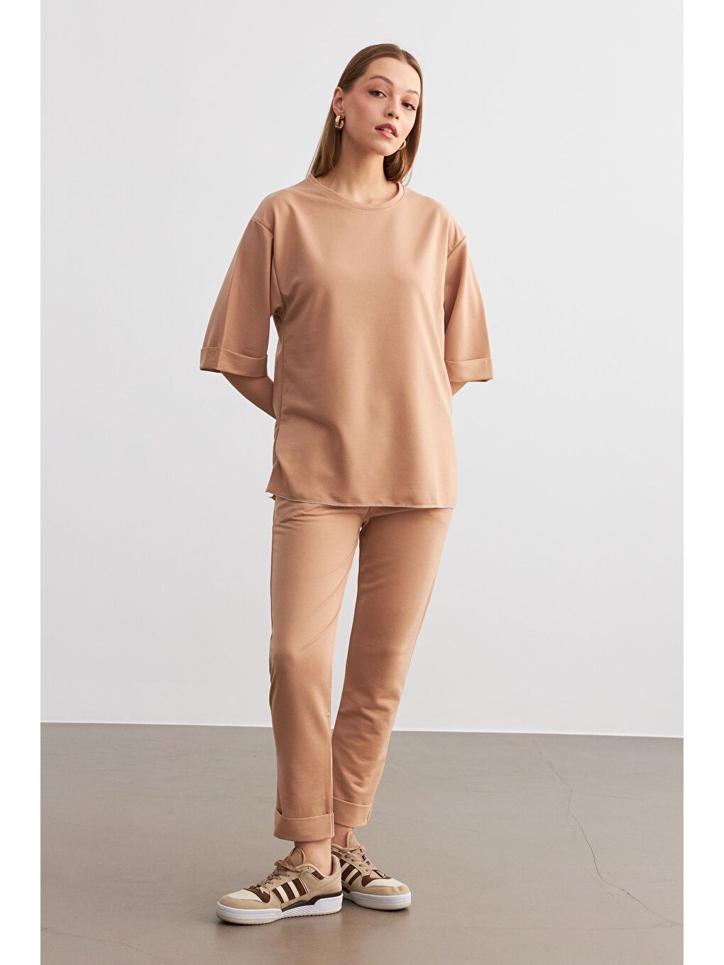 Kahverengi Kadın Camel Bisiklet Yaka Duble Kol ve Paça Alt Üst Takım-4