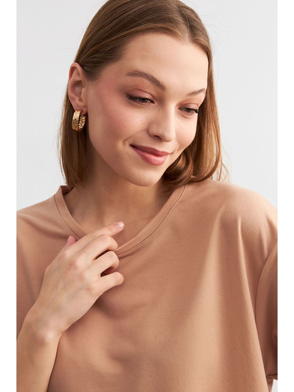 Kahverengi Kadın Camel Bisiklet Yaka Duble Kol ve Paça Alt Üst Takım-3