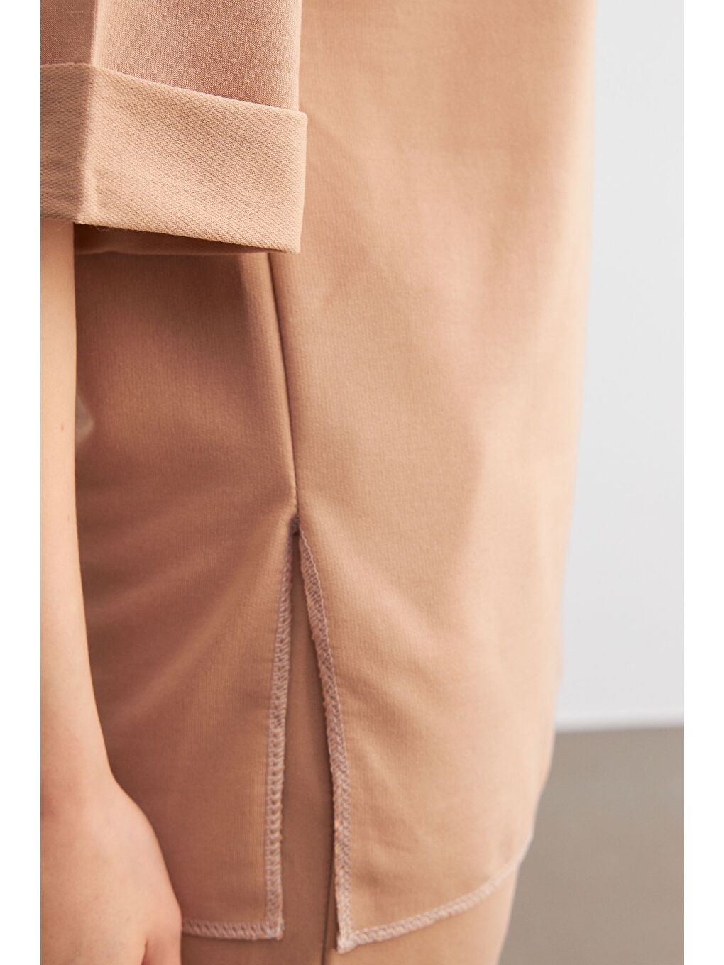 Kahverengi Kadın Camel Bisiklet Yaka Duble Kol ve Paça Alt Üst Takım-2