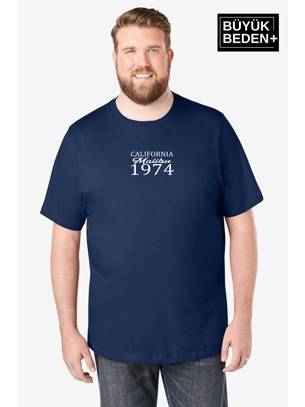 Lacivert Erkek Büyük Beden California 1974 Baskılı Bisiklet Yaka Tişört SPR25BTS906