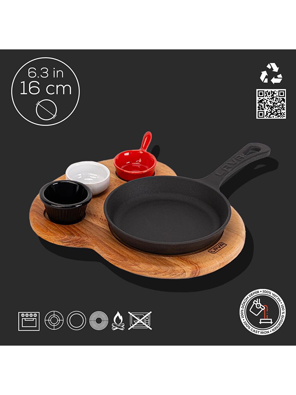 Siyah Yuvarlak Kızartma Tavası Yekpare Saplı Kayın Ahşap Altlık. Çap(Ø)16cm.-1