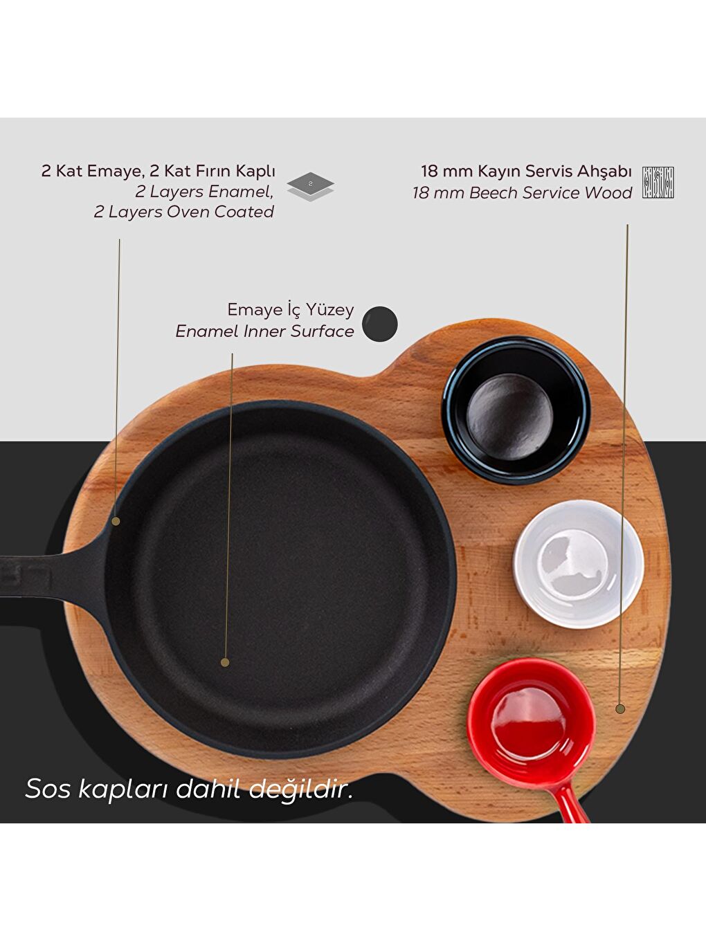 Siyah Yuvarlak Kızartma Tavası Yekpare Saplı Kayın Ahşap Altlık. Çap(Ø)16cm.-3