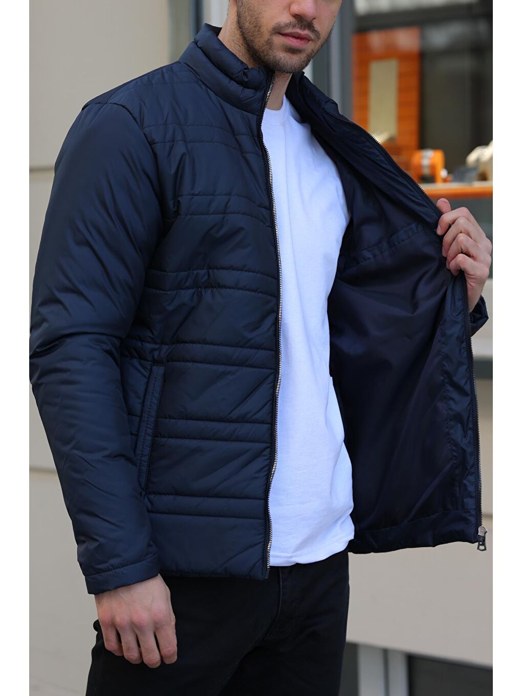 Lacivert Erkek İçi Astarlı Su ve Rüzgara Dayanıklı Dik Yaka Mont DKM-100-2
