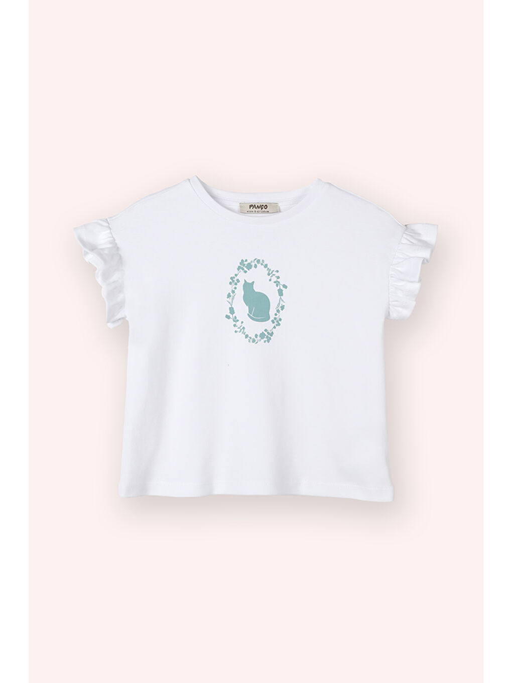 Kız Çocuk Kolları Fırfır Detaylı Kedi Desenli Beli Lastikli Mavi Pijama Takımı-1