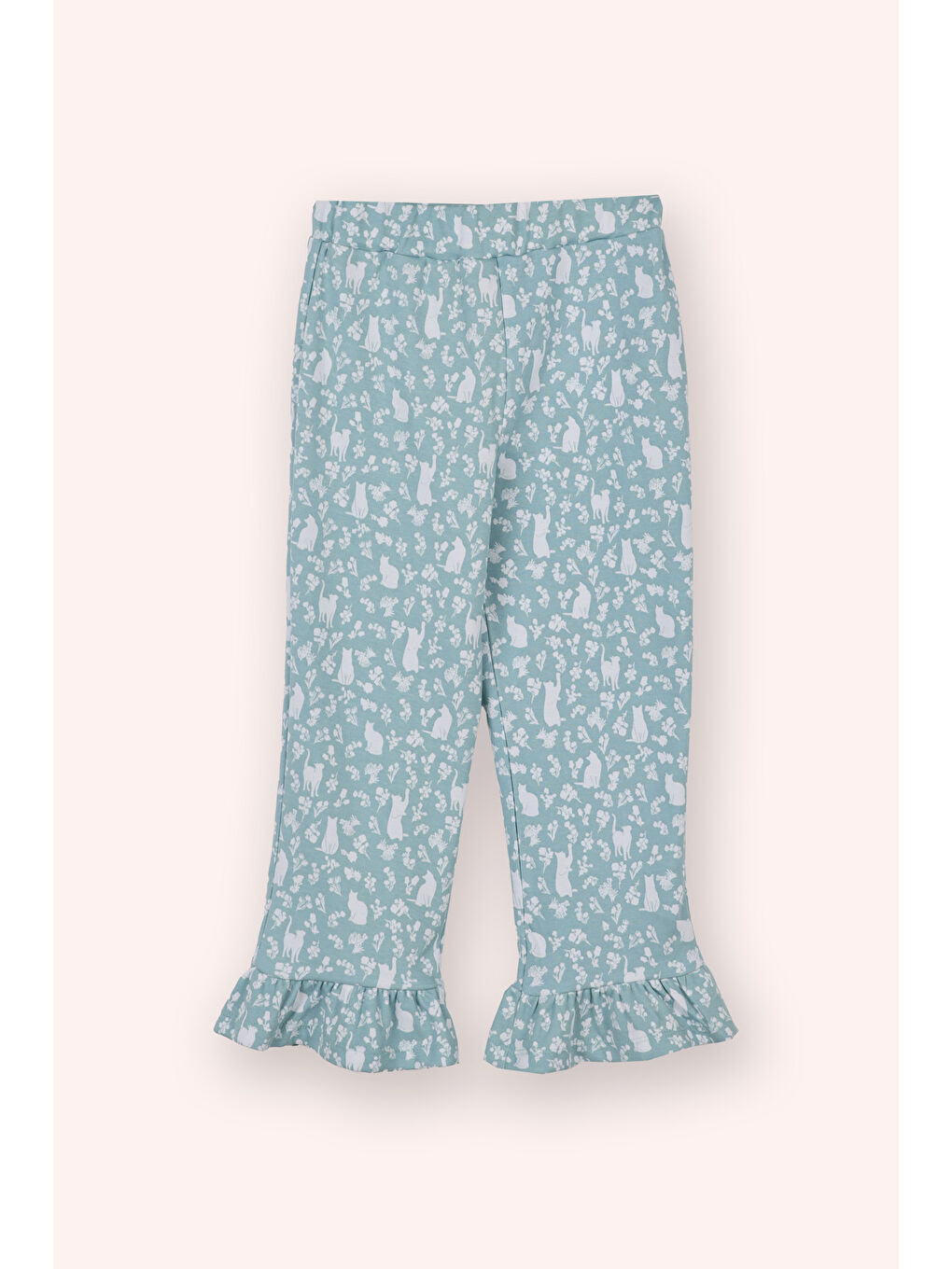 Kız Çocuk Kolları Fırfır Detaylı Kedi Desenli Beli Lastikli Mavi Pijama Takımı-4