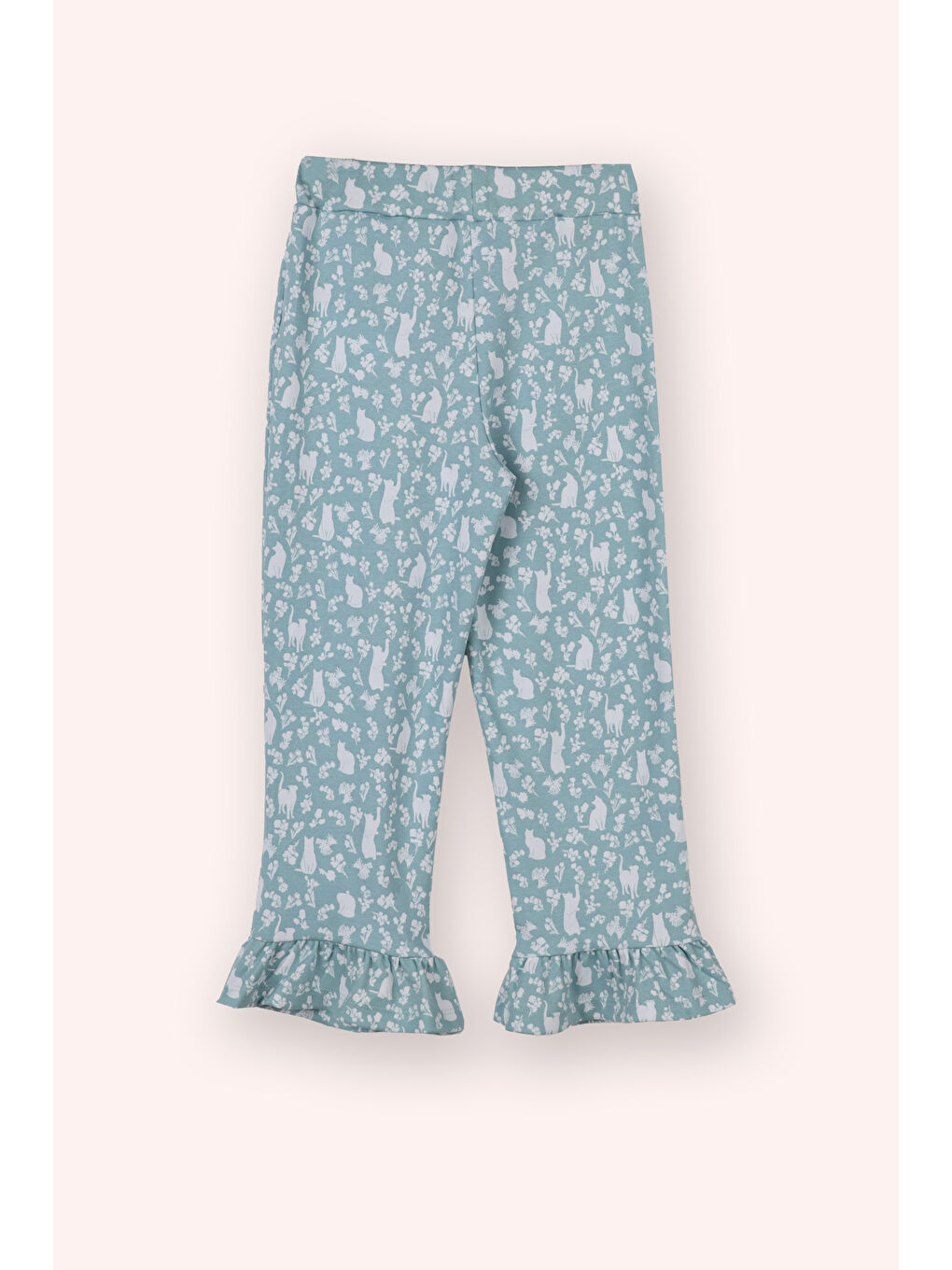 Kız Çocuk Kolları Fırfır Detaylı Kedi Desenli Beli Lastikli Mavi Pijama Takımı-6