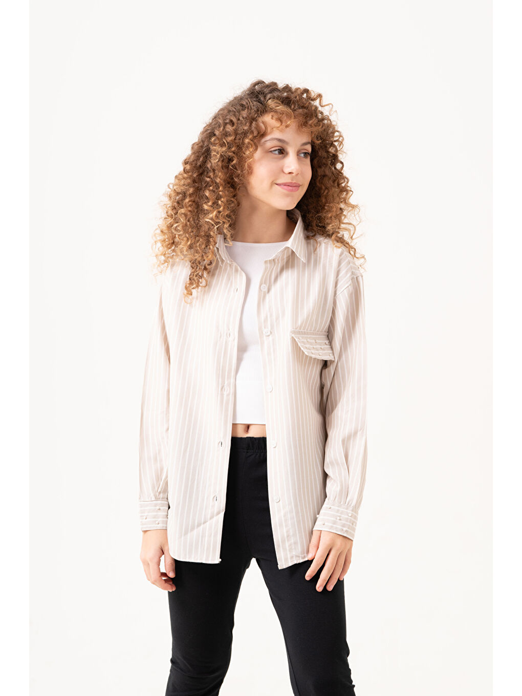 Ekru Kız Çocuk Taş Süslemeli Gömlek P1079-1