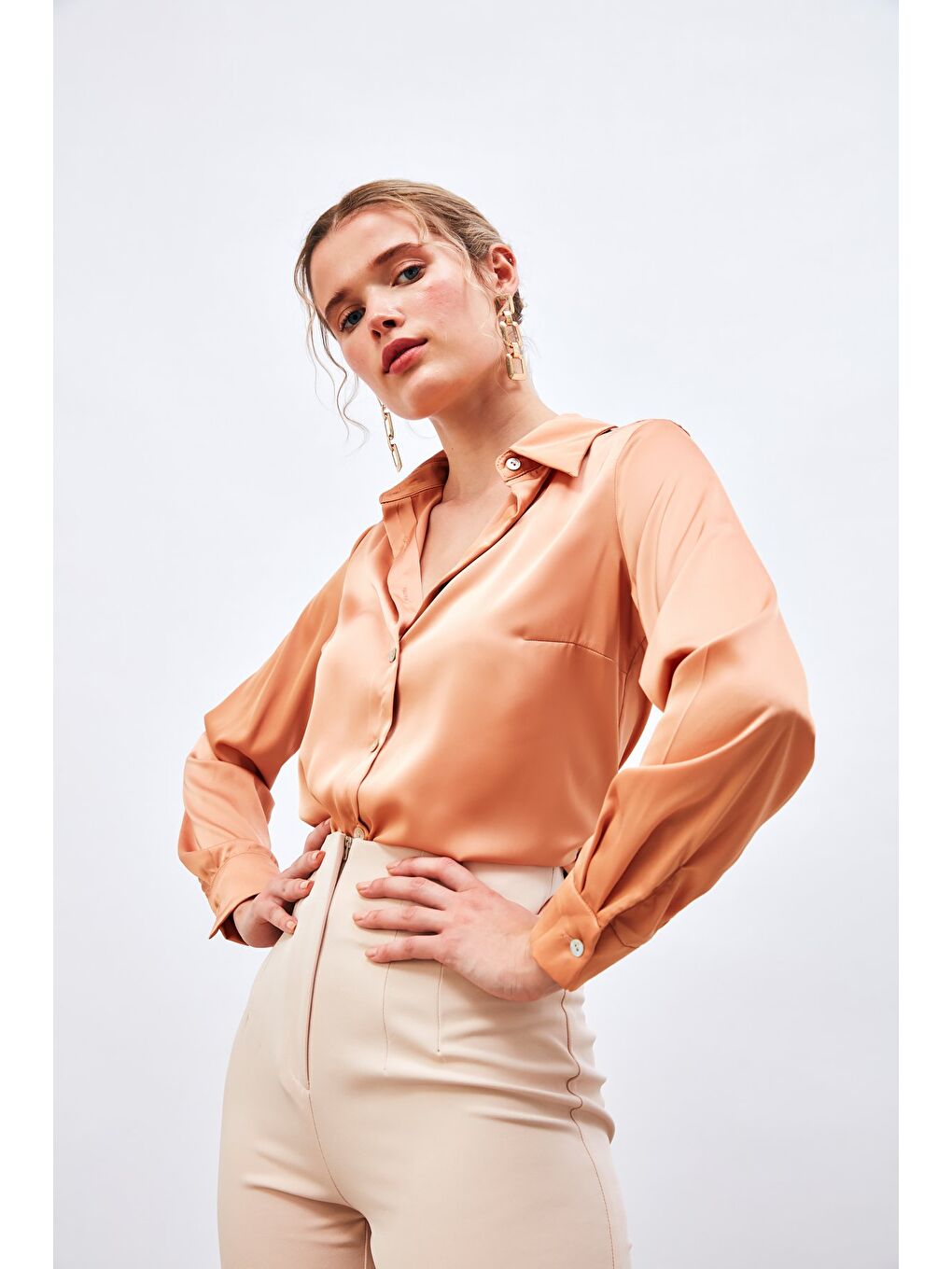 Pembe Saten Gömlek - Somon-2