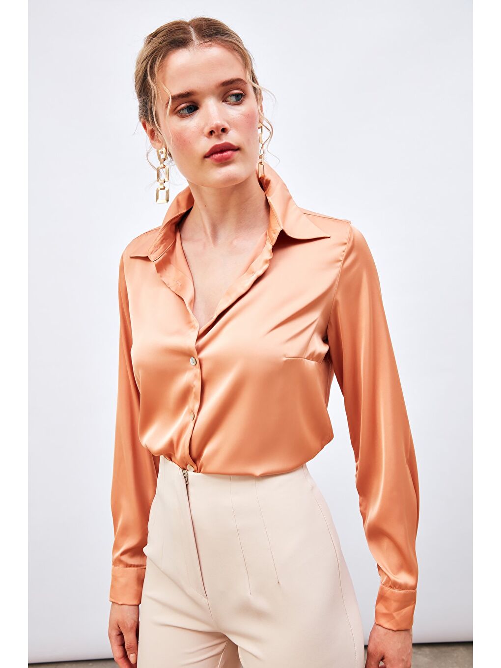 Pembe Saten Gömlek - Somon-3