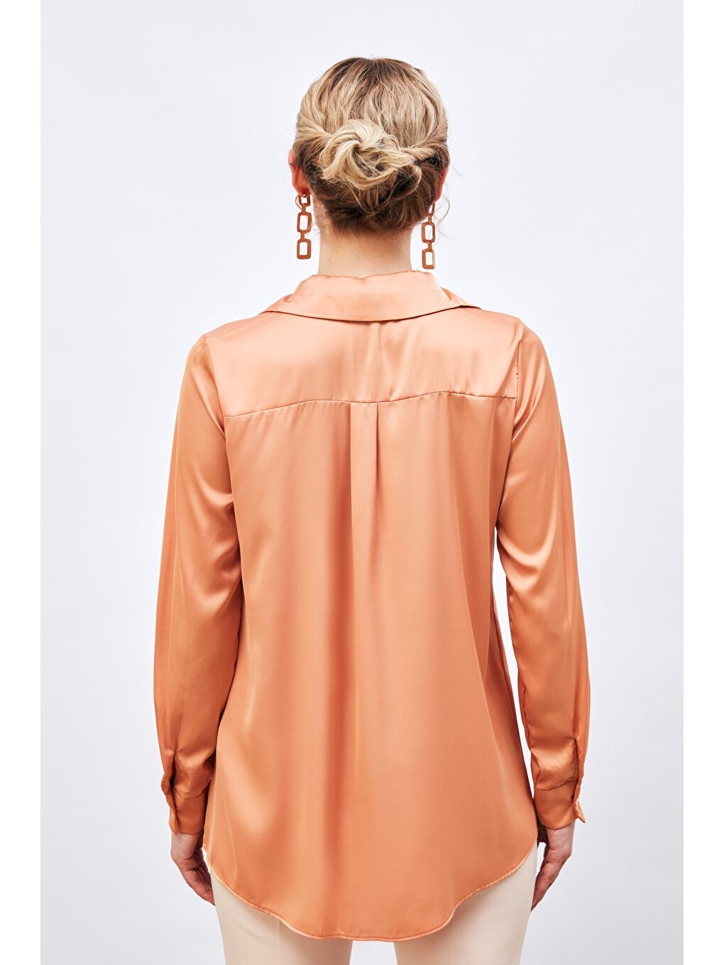 Pembe Saten Gömlek - Somon-4