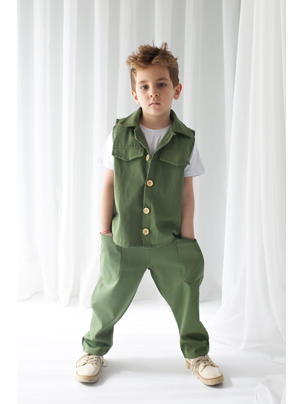 Haki Çağla Gabardin Spor Yelek + Çağla Gabardin Boyfriend Pantolon