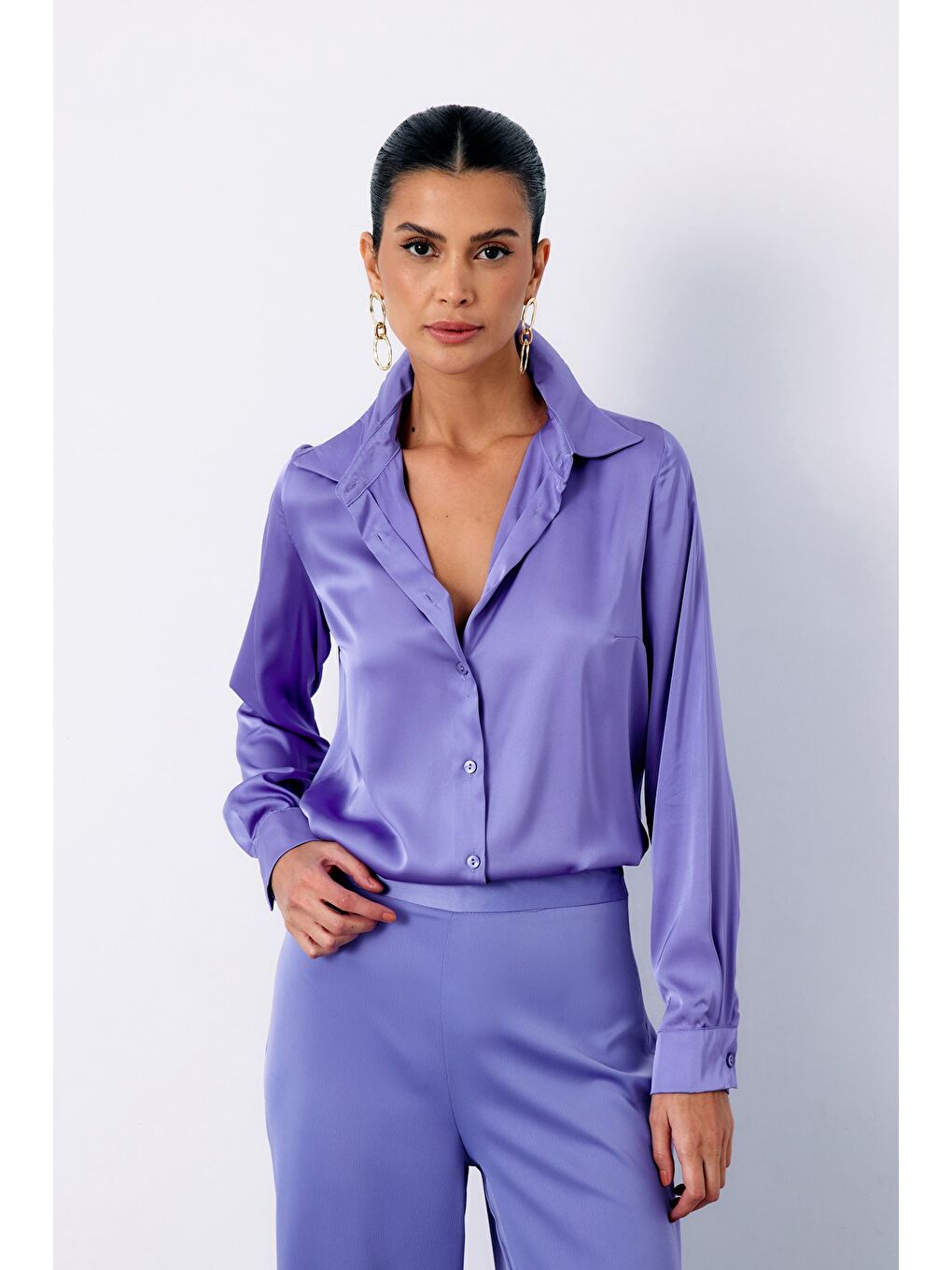 Saten Gömlek - Lila-3