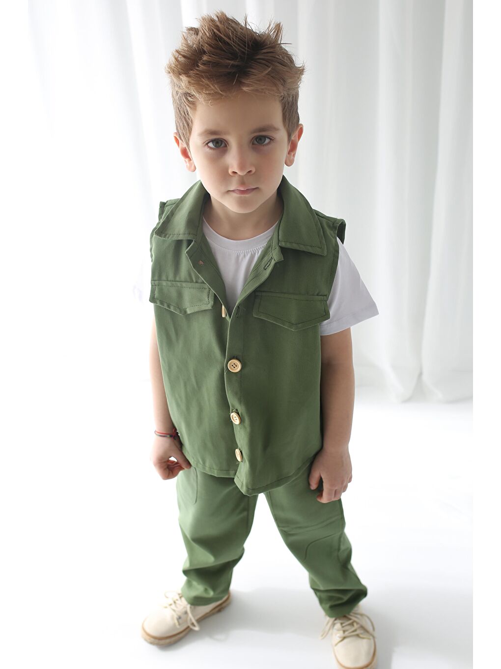 Haki Çağla Gabardin Spor Yelek + Çağla Gabardin Boyfriend Pantolon-3