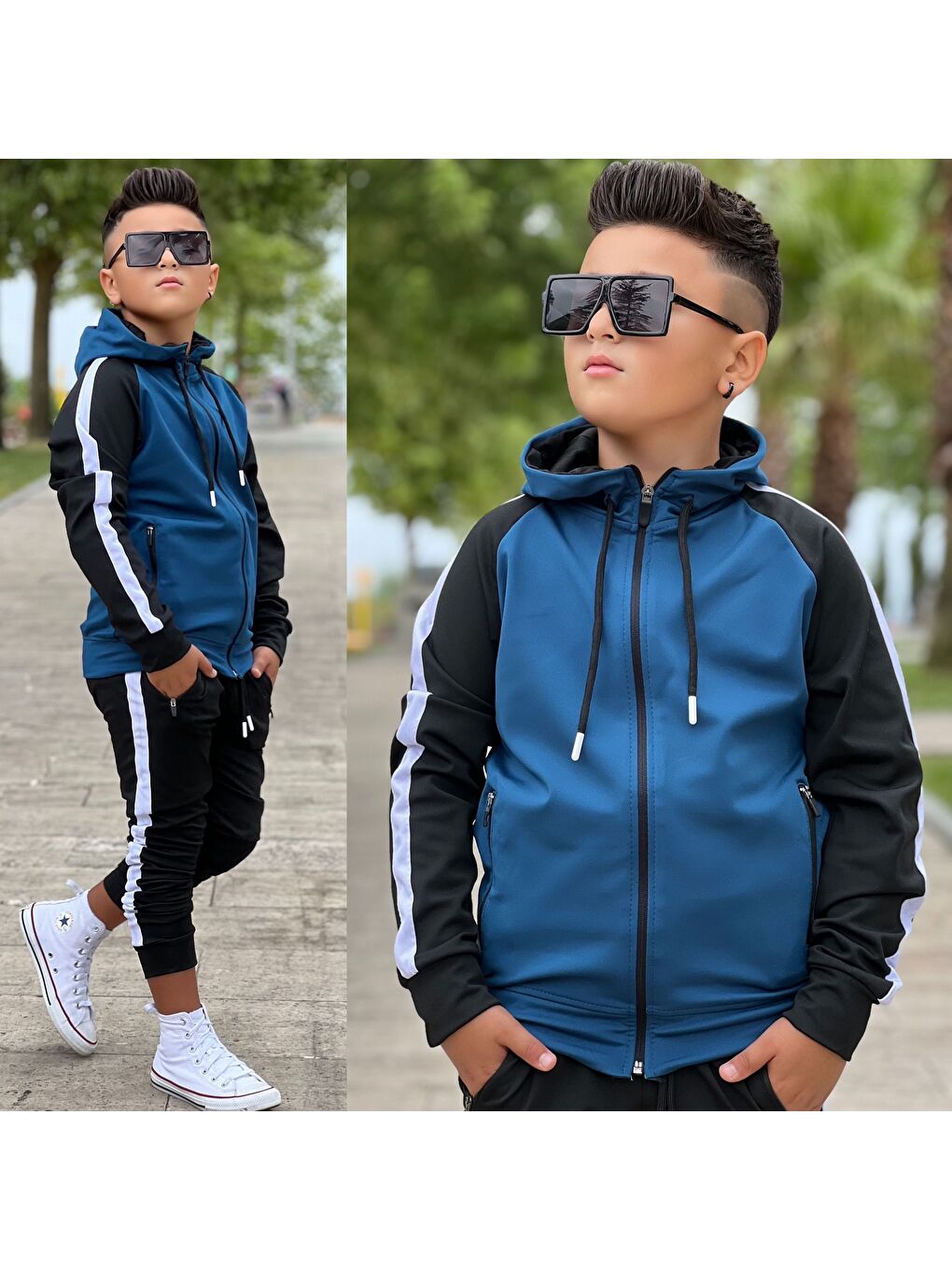 Mavi Unisex Şerit Detaylı Kapüşonlu Çocuk Eşofman Takımı-1