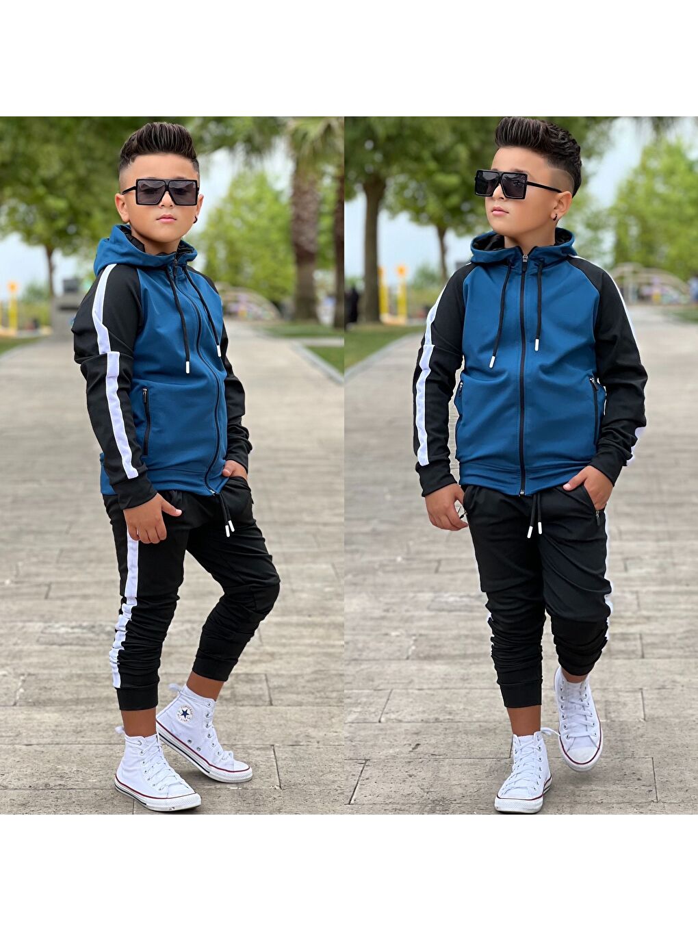 Mavi Unisex Şerit Detaylı Kapüşonlu Çocuk Eşofman Takımı-2