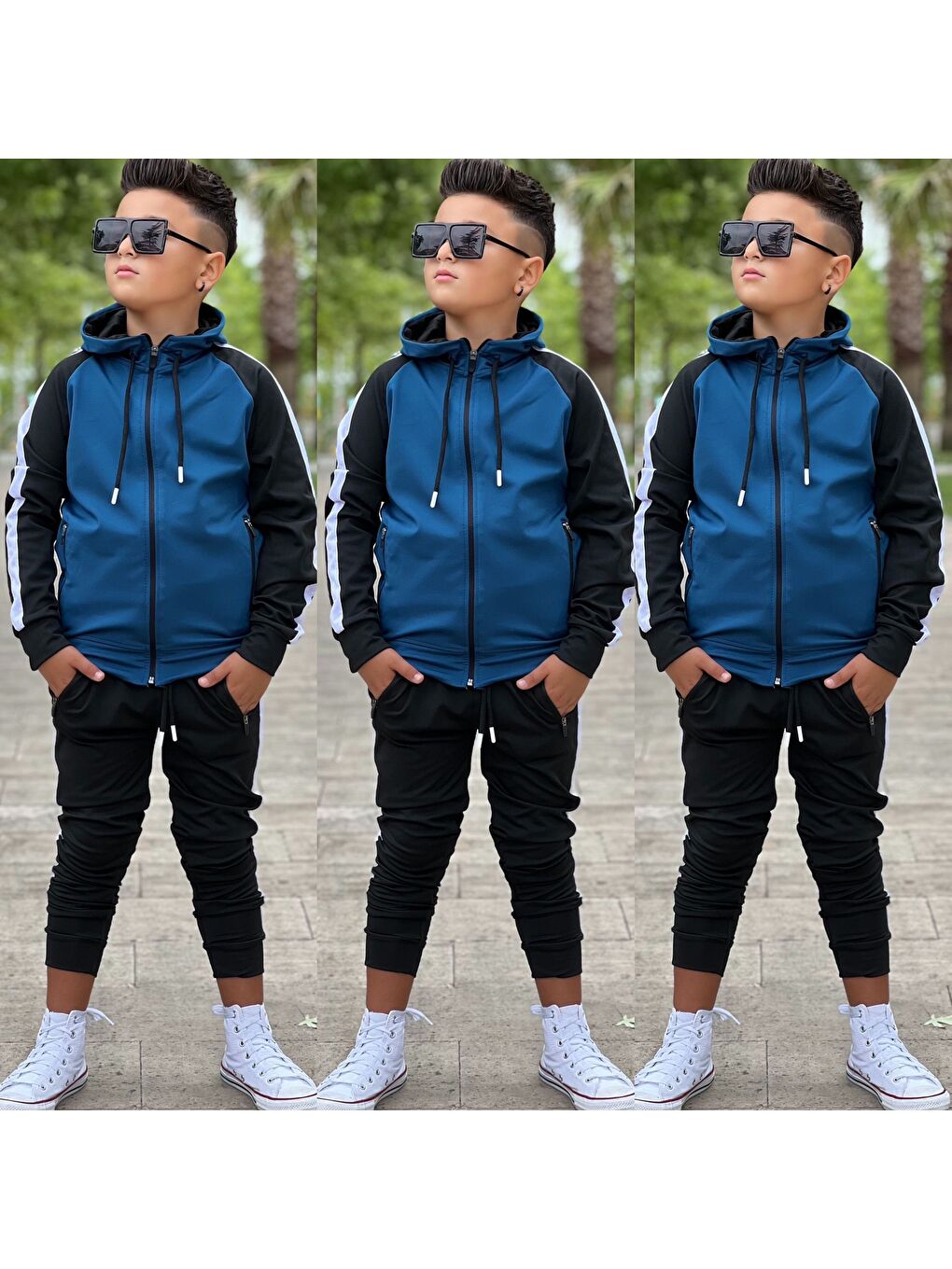 Mavi Unisex Şerit Detaylı Kapüşonlu Çocuk Eşofman Takımı-3