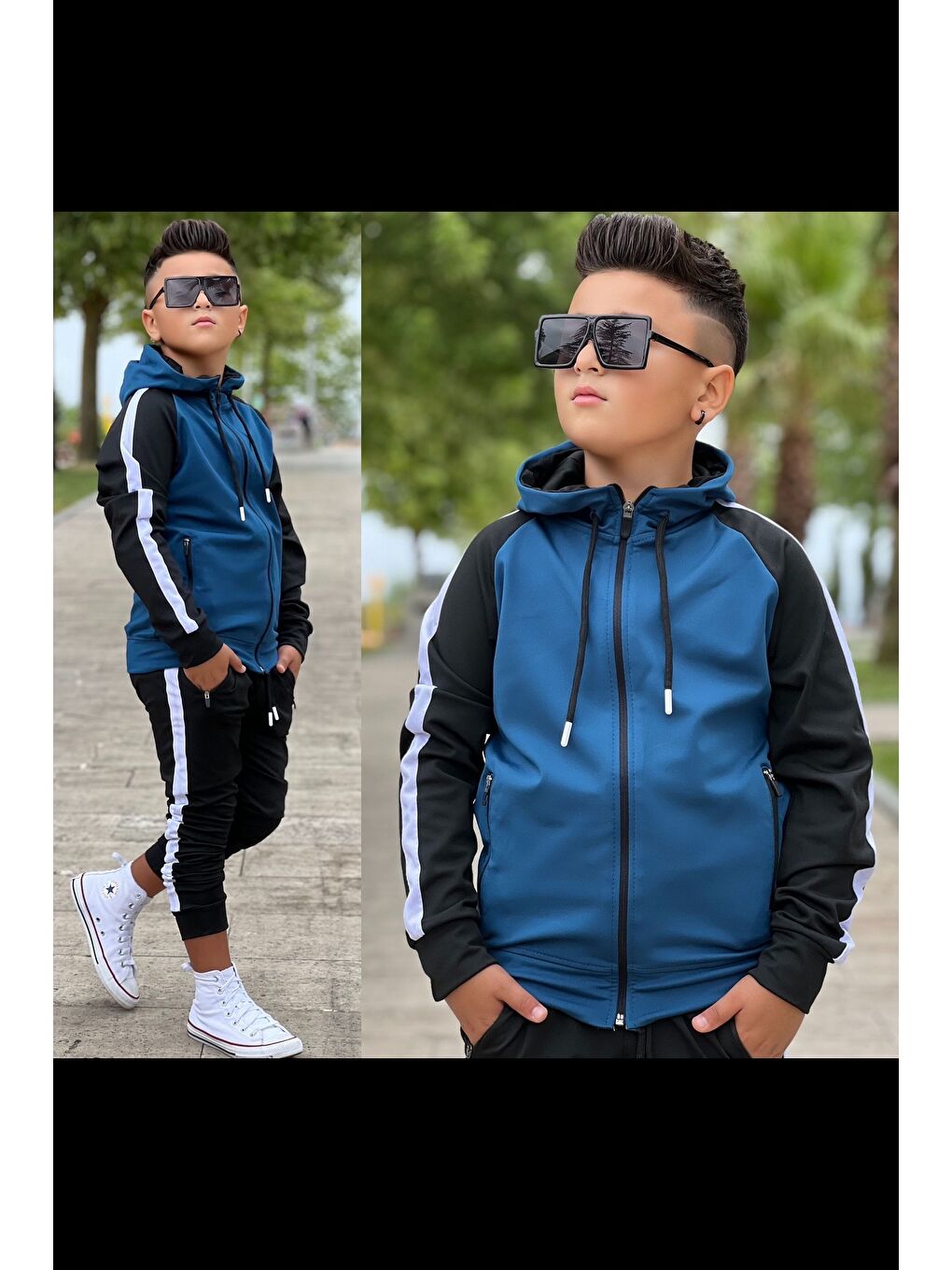 Mavi Unisex Şerit Detaylı Kapüşonlu Çocuk Eşofman Takımı-4