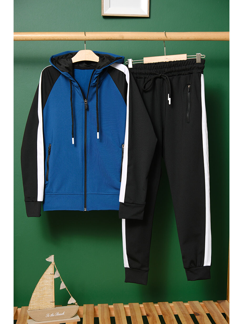 Mavi Unisex Şerit Detaylı Kapüşonlu Çocuk Eşofman Takımı-5