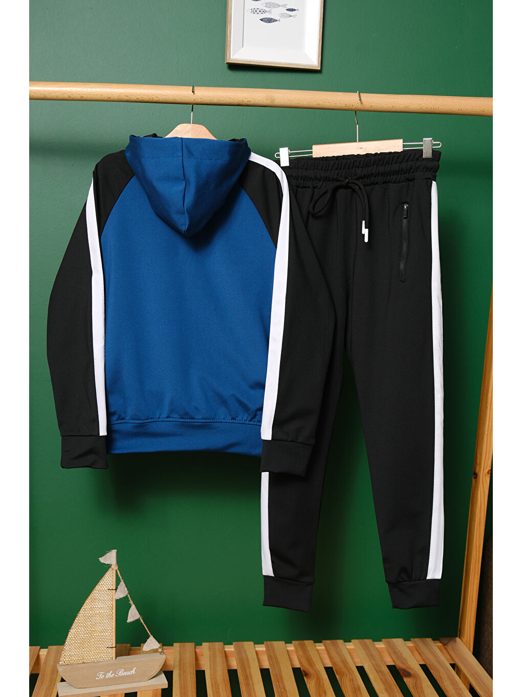 Mavi Unisex Şerit Detaylı Kapüşonlu Çocuk Eşofman Takımı-6