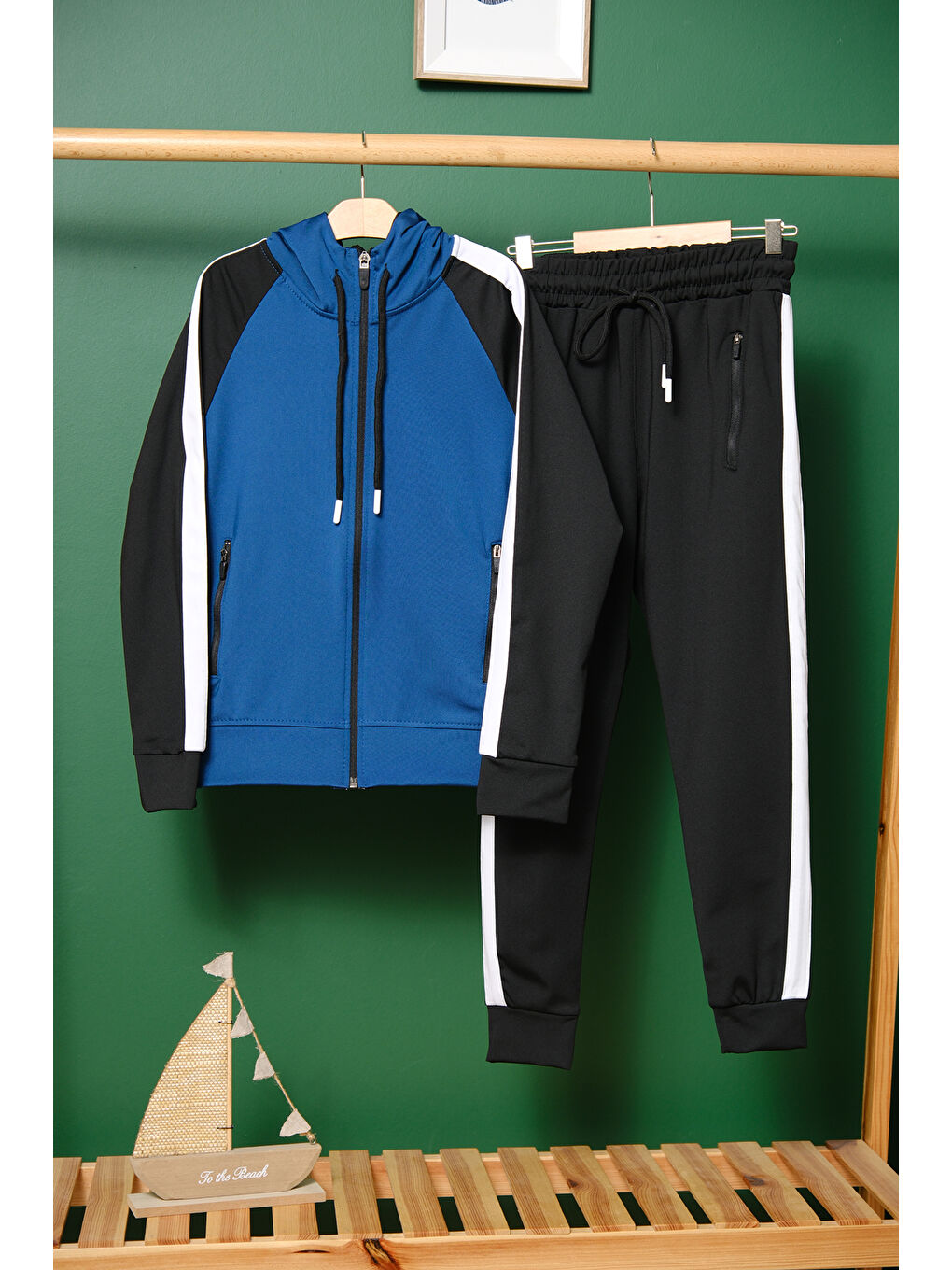 Mavi Unisex Şerit Detaylı Kapüşonlu Çocuk Eşofman Takımı-7