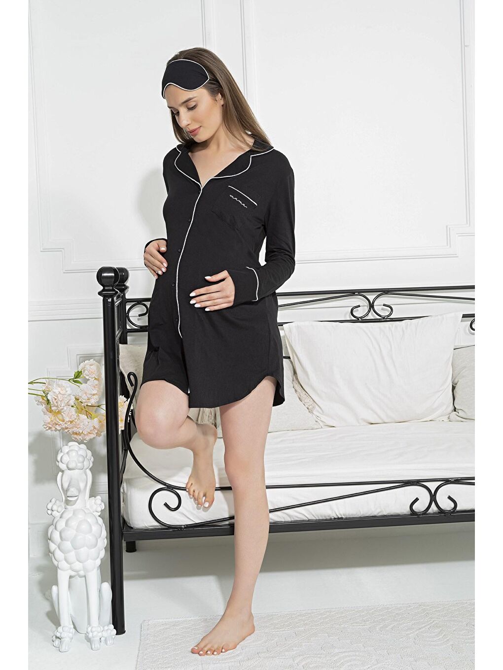 Mama Nakışlı Siyah Elbise Gecelik