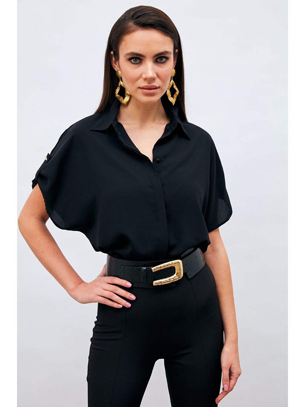 Kol Detaylı Salaş Gömlek - Siyah-1