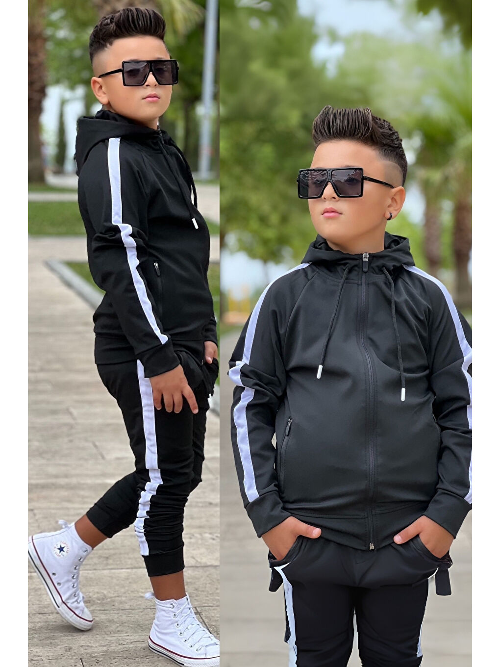 Siyah Unisex Şerit Detaylı Kapüşonlu Çocuk Eşofman Takımı ESF.1903-1