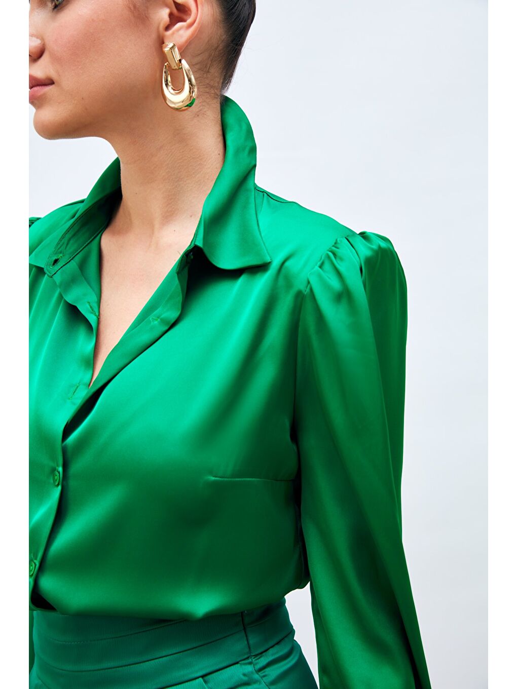Vatkalı Saten Gömlek - Yeşil-4