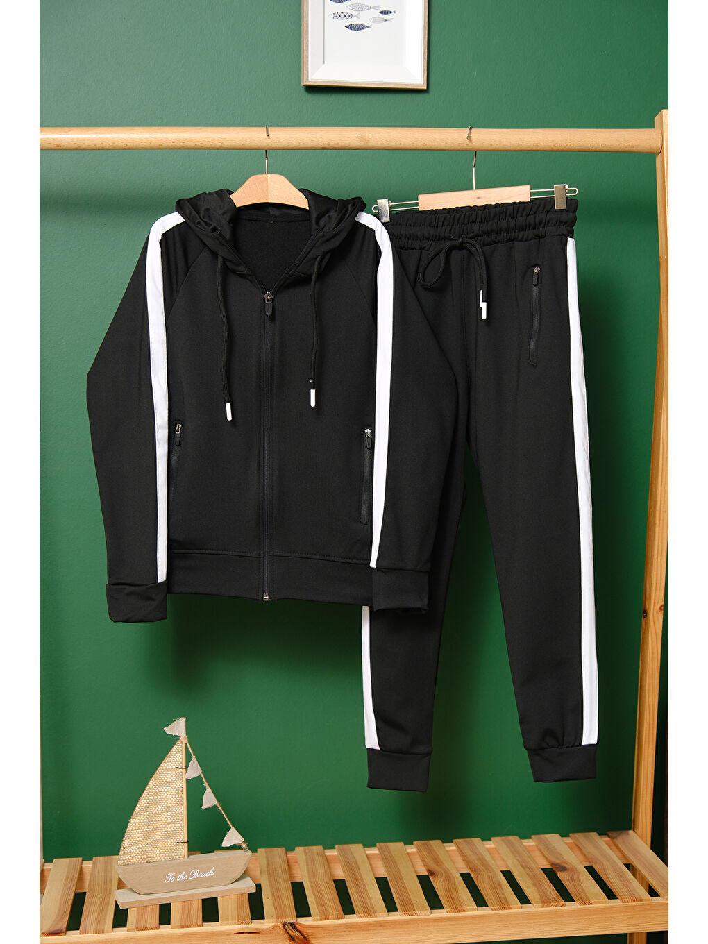 Siyah Unisex Şerit Detaylı Kapüşonlu Çocuk Eşofman Takımı ESF.1903-4