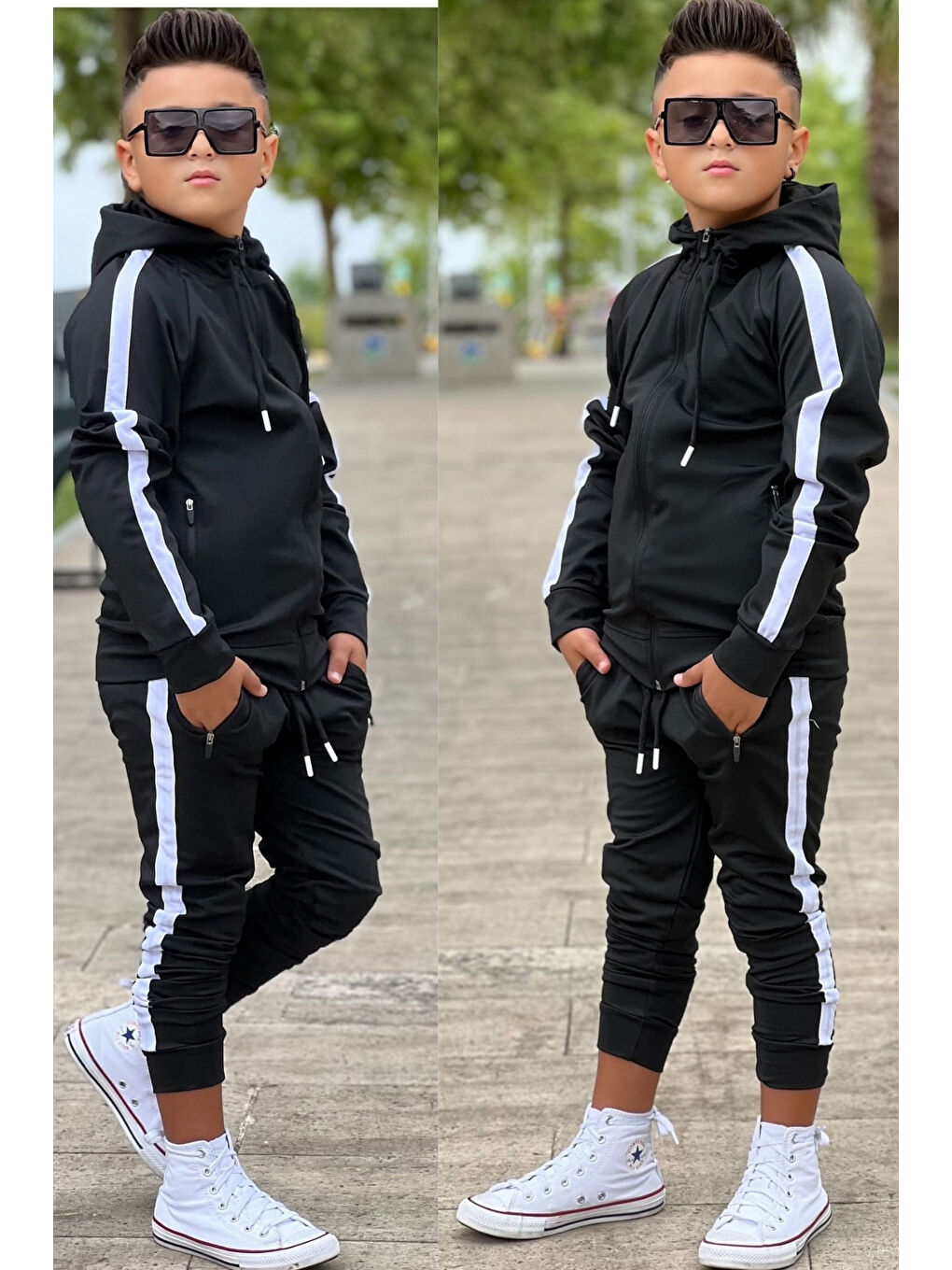 Siyah Unisex Şerit Detaylı Kapüşonlu Çocuk Eşofman Takımı ESF.1903-6