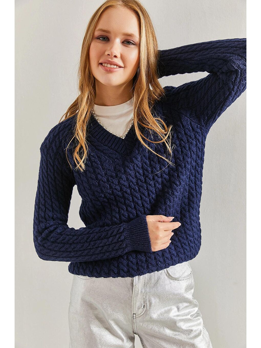 Lacivert Kadın Saç Örgülü Kazak