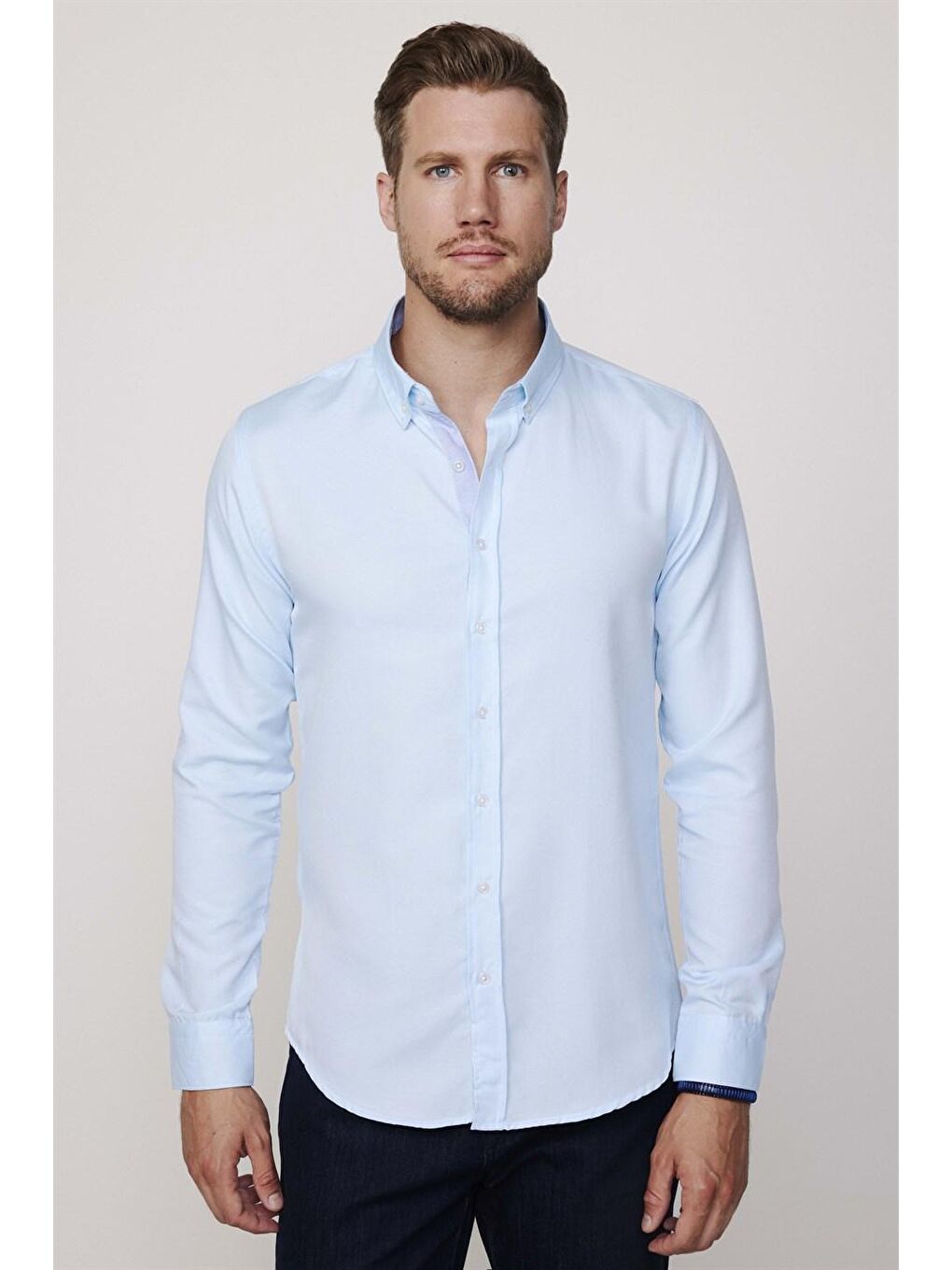 Slim Fit Pamuklu Kolay Ütü Düz Erkek Mavi Gömlek