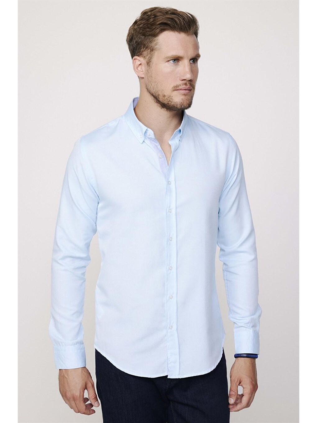 Slim Fit Pamuklu Kolay Ütü Düz Erkek Mavi Gömlek-1