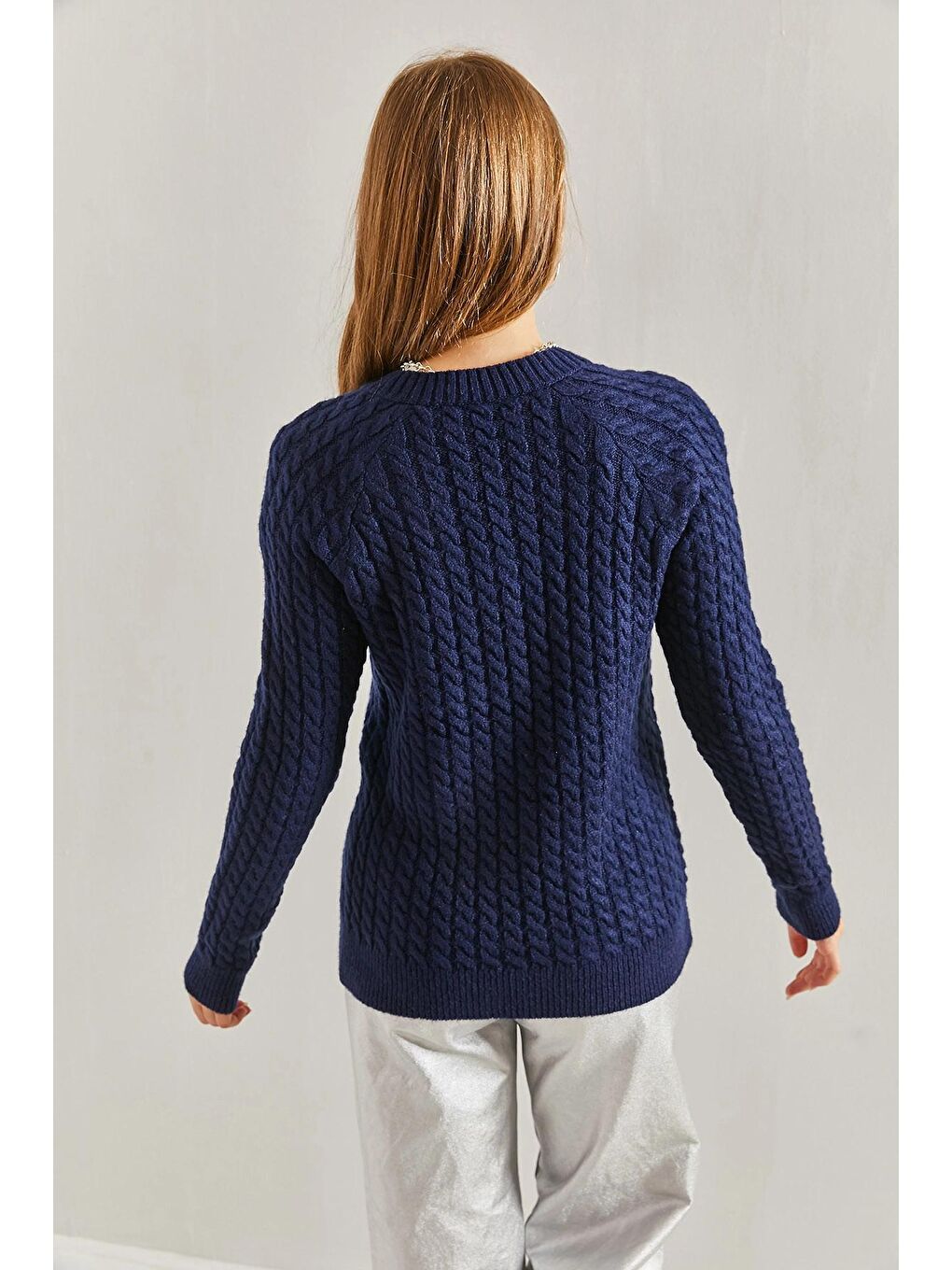 Lacivert Kadın Saç Örgülü Kazak-1