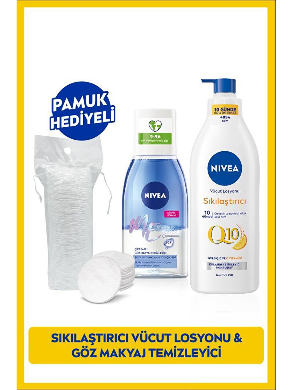 NIVEA Şeffaf Çift Fazlı Göz Makyaj Temizleme Suyu 125ml ve Q10 Sıkılaştırıcı Vücut Losyonu 400ml, Pamuk Hediye