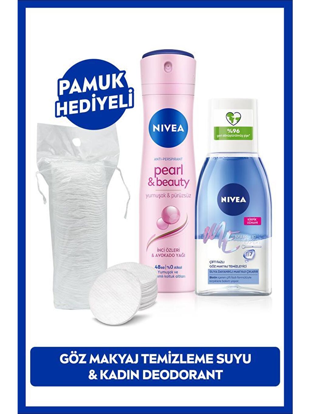 NIVEA Şeffaf Çift Fazlı Göz Makyaj Temizleme Suyu 125ML ve Kadın Sprey Deodorant Pearl&Beauty 150ml, Pamuk Hediye