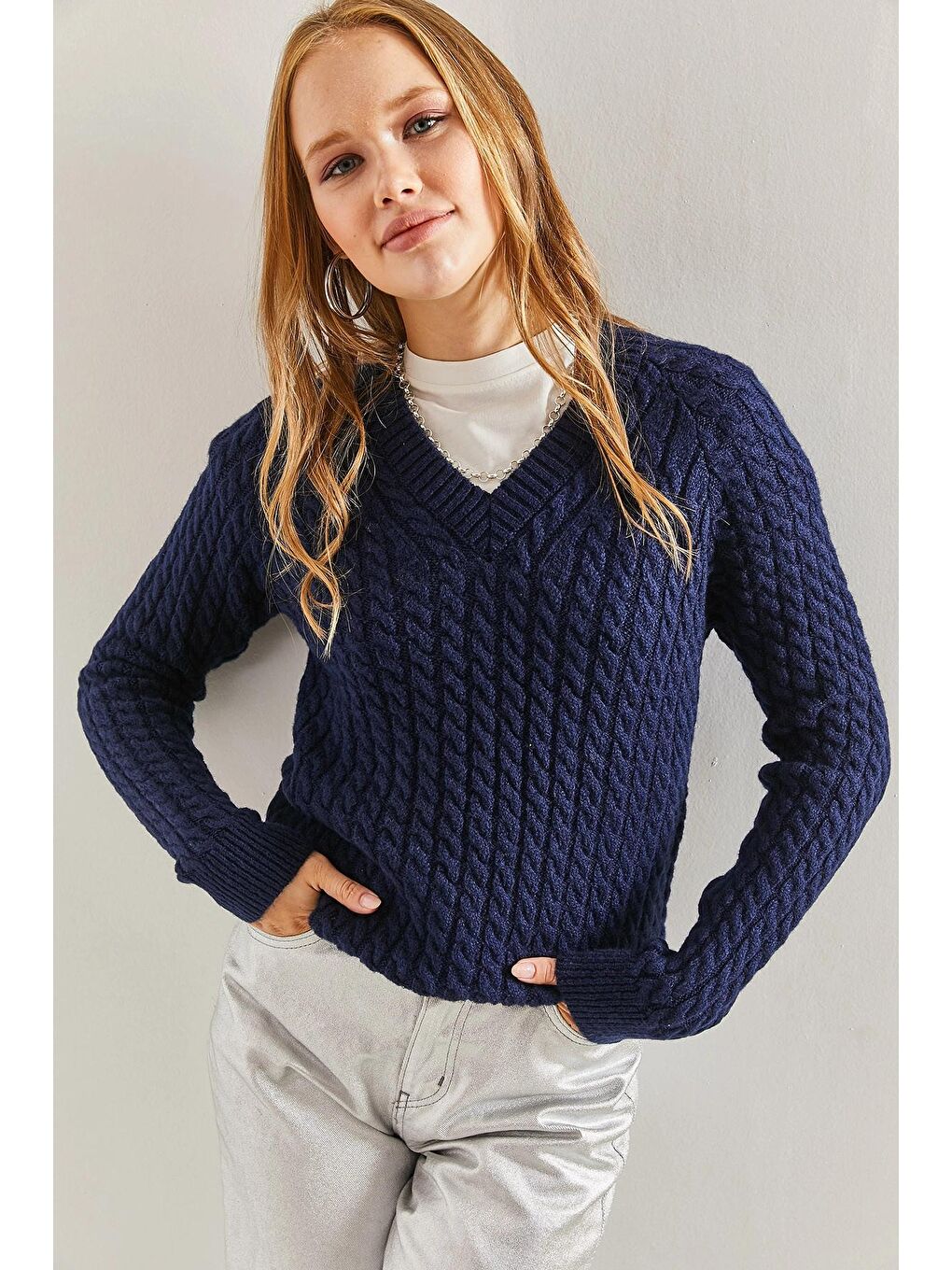 Lacivert Kadın Saç Örgülü Kazak-2