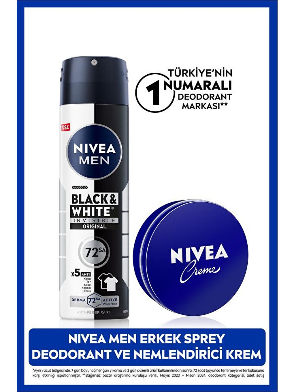 NIVEA Creme 30ml ve MEN Erkek Sprey Deodorant Black&White Invisible Original 150ml, 72Saat Anti-perspirant