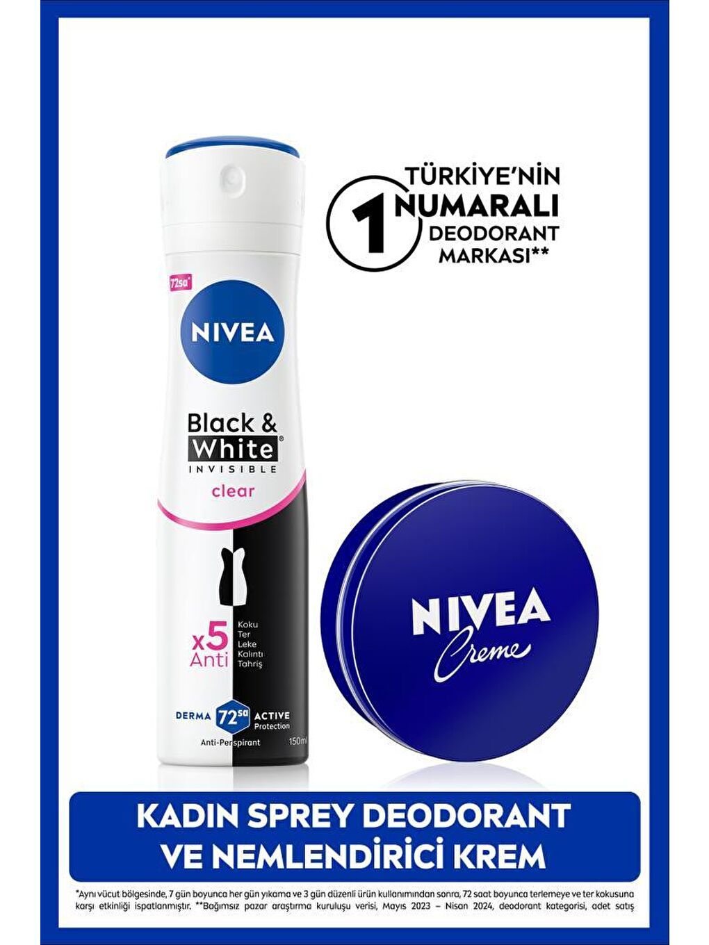 NIVEA Creme Nemlendirici 30ml ve Kadın Sprey Deodorant Black&White Invisible Clear 150ml, Anti-perspirant