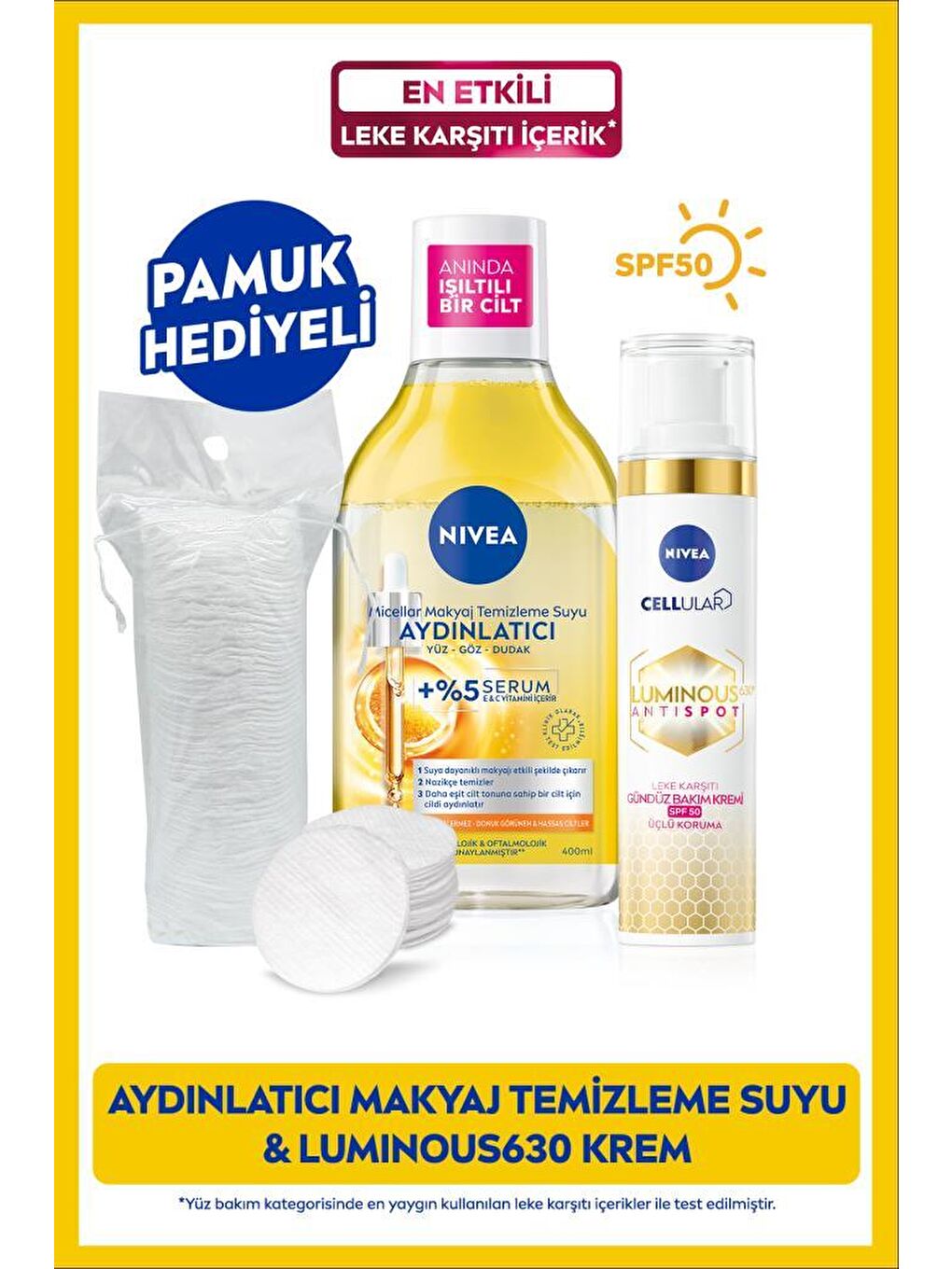 NIVEA Şeffaf Aydınlatıcı Micellar Makyaj Temizleme Suyu 400ml ve Luminous630 Leke Karşıtı Gündüz Yüz Kremi 40ml