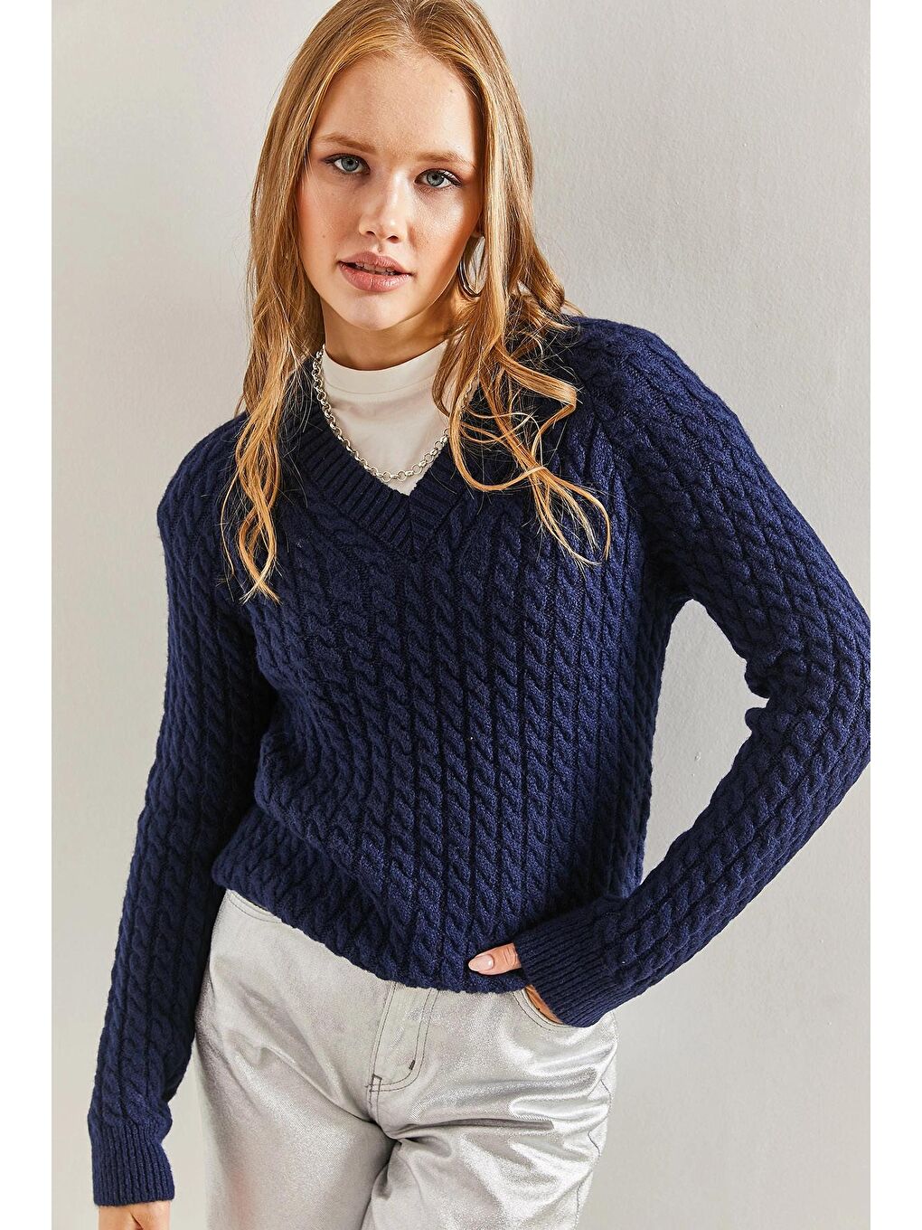 Lacivert Kadın Saç Örgülü Kazak-3