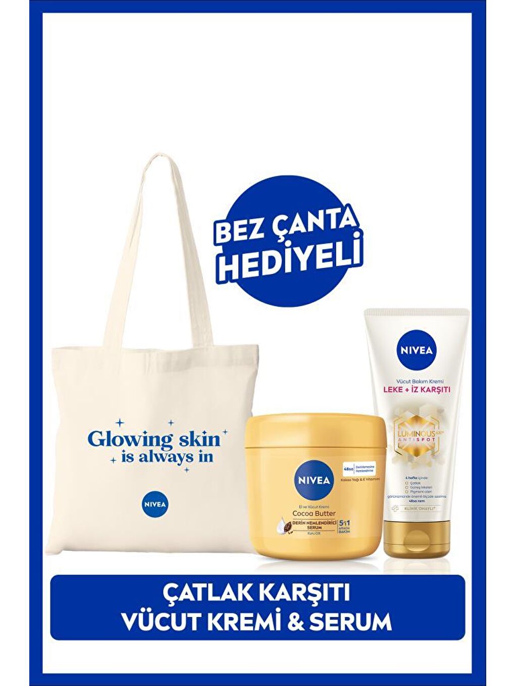 NIVEA Şeffaf Luminous630 Leke İz Karşıtı Vücut Kremi 200ml ve Cocoa Butter Nemlendirici Serum 400ml, Çanta Hediye