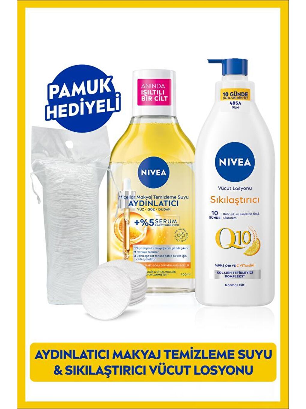 NIVEA Şeffaf Aydınlatıcı Micellar Makyaj Temizleme Suyu 400ml ve Q10 Sıkılaştırıcı Vücut Losyonu, Pamuk Hediyeli